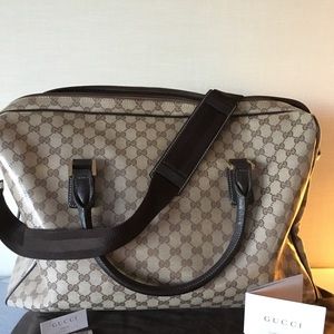 Beige/Blue GG Crystal Canvas Oversized Duffle Bag